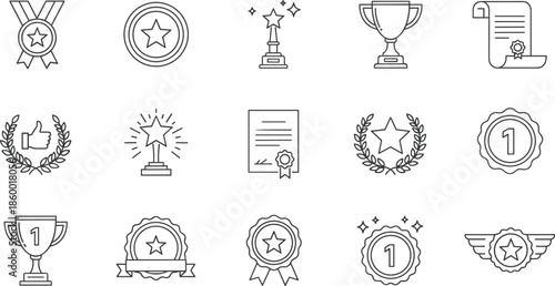 Award icon set, achievement and recognition vector, black and white excellence symbols, CAD streetwear flat vector illustration