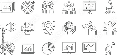 Business strategy and teamwork icon set, planning and analytics vector, black and white symbols, CAD streetwear flat illustrationv