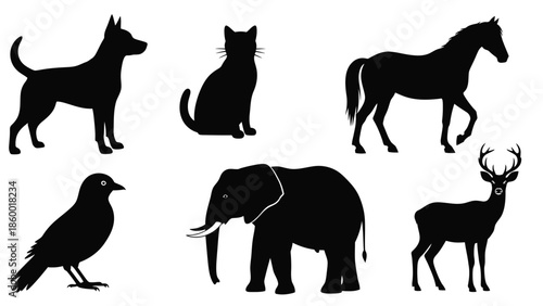 Collection of silhouette of various animals and bird