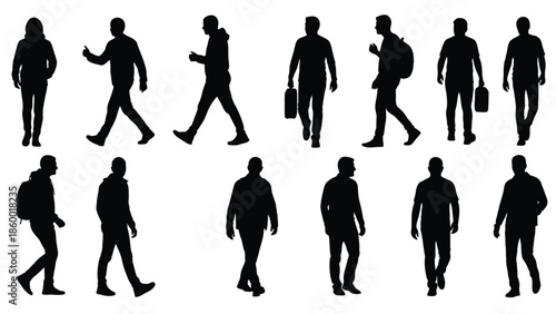 Collection of people walking silhouettes on white background