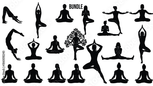Collection of silhouette yoga poses for fitness and wellness