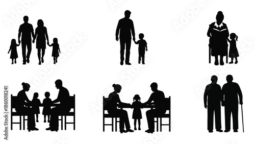Family silhouettes depicting various life stages and interactions