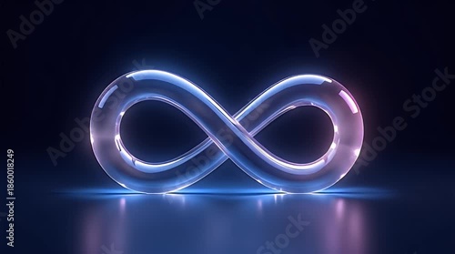 Luxury abstract illustration of a transparent glass infinity loop with soft neon glow, premium futuristic style, smooth reflections, isolated on dark clean background, high detail 3D render, no text