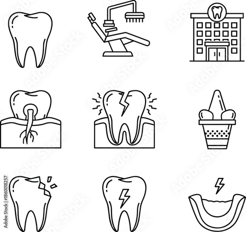 Dental icon set, oral health and pain vector, black and white tooth symbols, CAD streetwear flat vector illustration