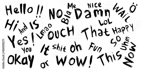 Set of scratch doodle words vector for urban art. Ideal for grunge text, rough notes, street style lettering, and messy handwritten quotes.