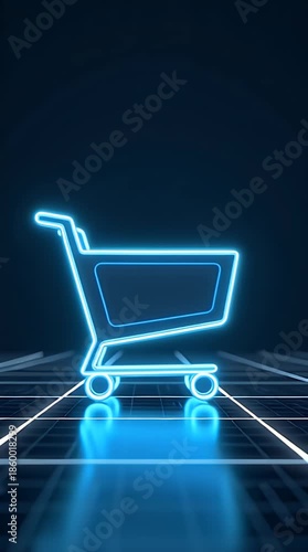 Modern futuristic illustration of a shopping cart glowing with neon outlines, floating above a digital floor grid, clean urban tech style, e-commerce concept, isolated object, no text
