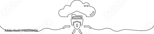 A simple line drawing of a house with a cloud above it and a shield below for protection