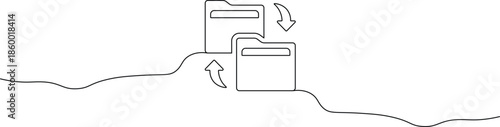 A simple line drawing of two file folders exchanging data through a wavy line
