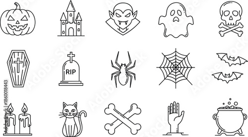 Halloween icon set, spooky vector symbols, black and white horror illustration pack, CAD streetwear flat vector illustration