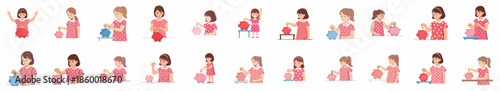 A collection of cartoon vector illustrations depicting young girls practicing financial education by happily saving coins in various colorful piggy banks.
