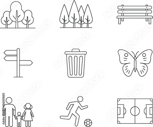 Park icon set, nature and recreation vector, black and white outdoor symbols, CAD streetwear flat vector illustration