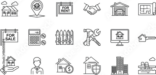 Real estate icon set, property and housing vector, black and white symbols, CAD streetwear flat vector illustration