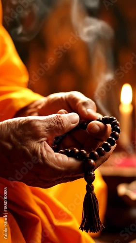 Close-up of a monk counting dark prayer beads in a warm, spiritual indoor setting with dramatic lighting and smoke.