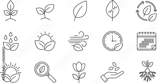 Plant growth icon set, agriculture and environment vector, sustainability line symbols, CAD streetwear flat vector illustration