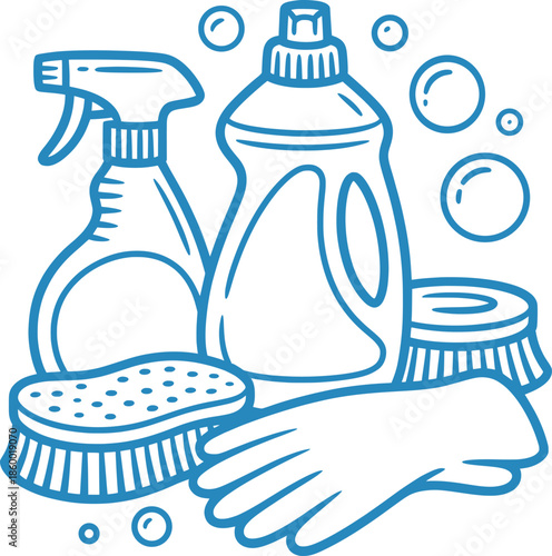 Cleaning Supplies Icons Set, Household Hygiene, Sanitizing Tools, and Home Care Illustration.