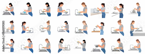 Women preparing pasta: set of vector illustrations showing the draining and rinsing process over a sink in the kitchen.