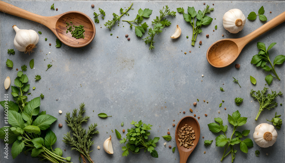 Fototapeta premium Fresh Herbs and Ingredients on Grey Kitchen Surface