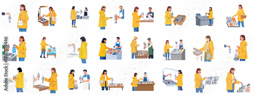 Woman buying fresh fish at a local seafood market, interacting with vendors in a variety of purchasing and selling scenarios.