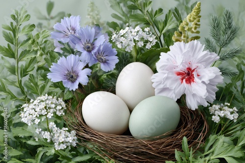 Nest with Easter eggs among fresh spring flowers