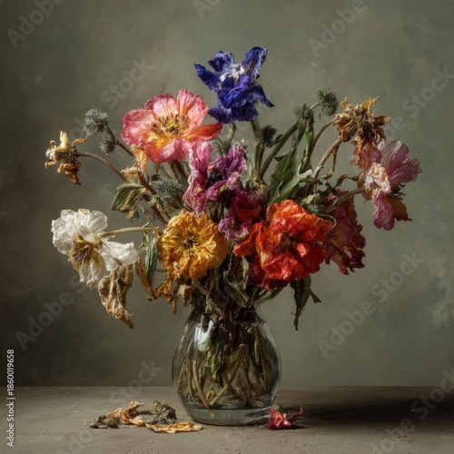 A stylized arrangement of dried flowers in a textured vase, showcasing a unique artistic interpretation.