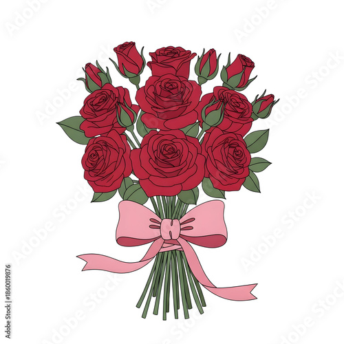 A bouquet of red roses with a pink ribbon
