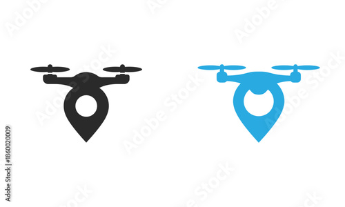 Black and blue drone with camera symbol on white background