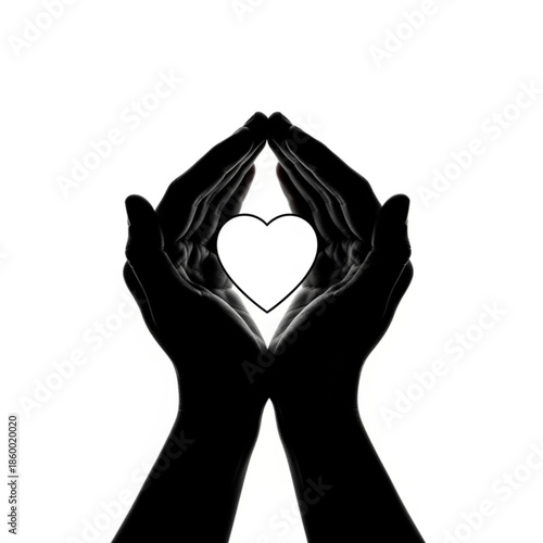 Silhouette of hands tenderly cupping a radiant white heart, symbolizing profound love, compassion, care, and protection, isolated against a bright, clean background