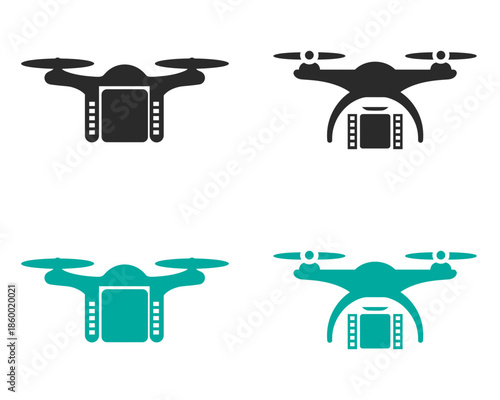 Four drones with cameras in black and teal colors quadcopter