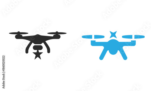 Two drones with cameras and stars flying in the sky one black and one blue