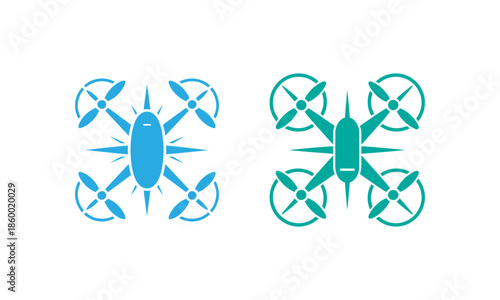 Two quadcopters with cameras in blue and green colors on white background drone