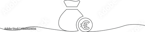A simple line drawing of a money bag and a euro coin on a wavy surface