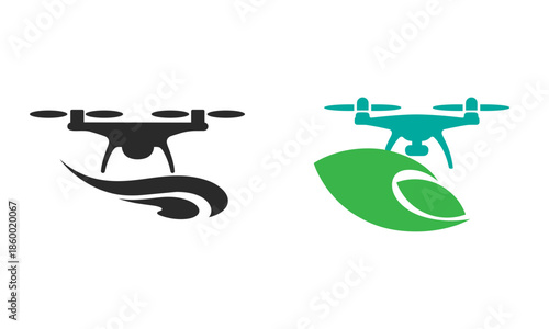 Two drones flying over a green leaf with a white oval shape