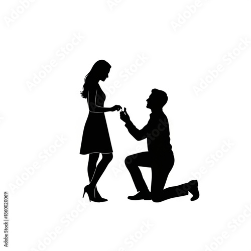Romantic silhouette depicting a heartfelt marriage proposal, where a man kneels before a woman, presenting an engagement ring, symbolizing deep love, commitment, and the beginning of a shared future