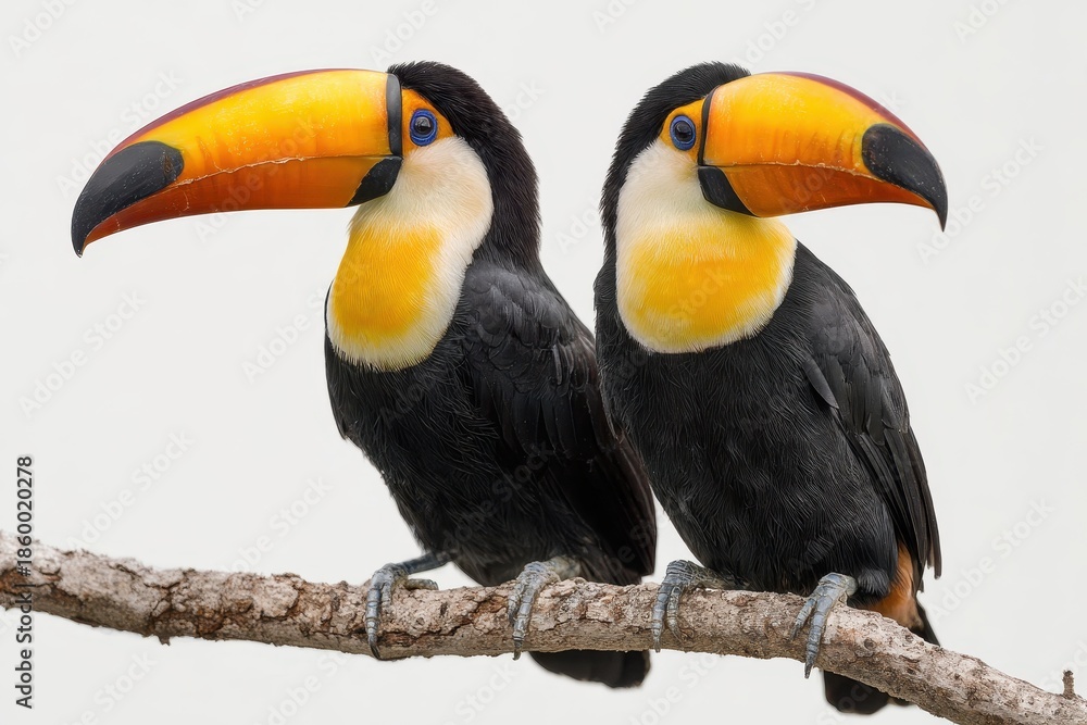 Fototapeta premium Realistic portrayal of vibrant toucans perched on a branch against a clean white background, showcasing their striking colors and unique stature in a natural setting