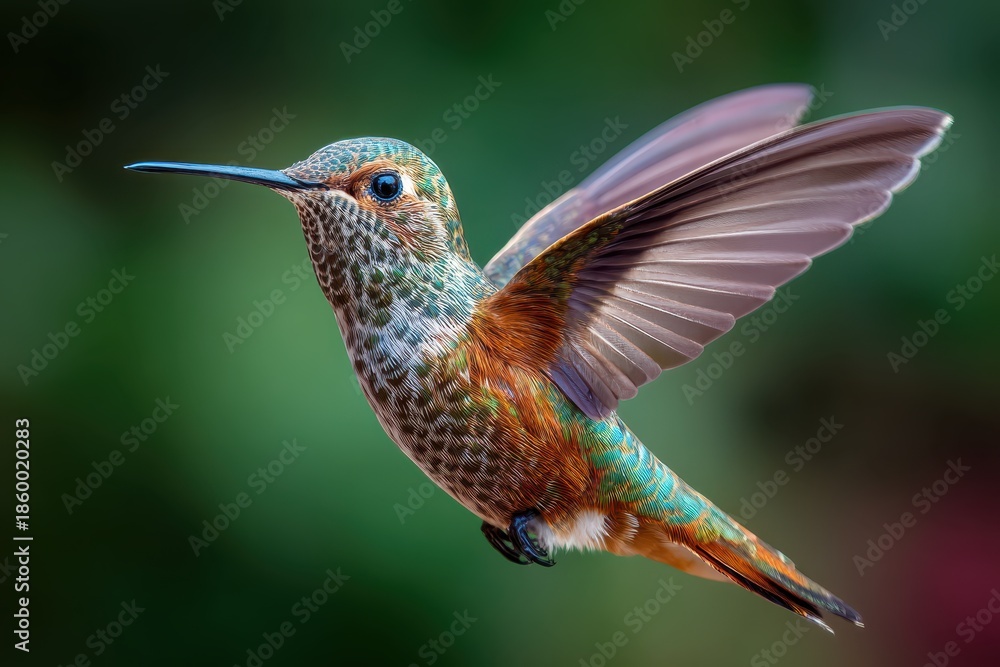 Fototapeta premium Hummingbird in vibrant flight capturing the beauty of nature and the delicate details of its plumage in bright outdoor surroundings
