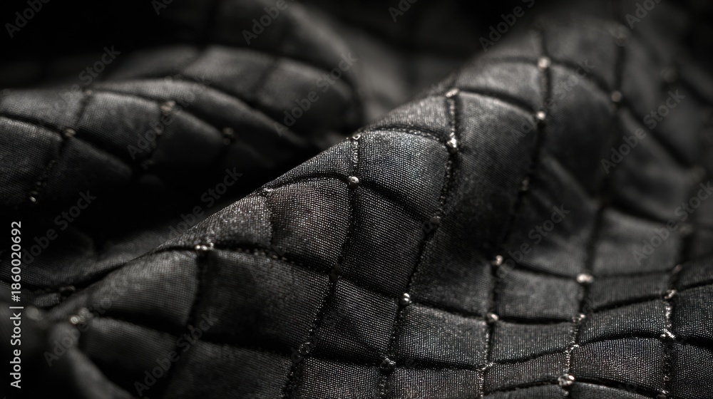 Fototapeta premium Luxurious Dark Quilted Fabric Texture Background with Shimmering Metallic Dots and Elegant Stitching for Modern Design