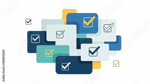 A collection of overlapping blue, teal, and yellow checkmark boxes on a white background in a flat lay composition with a mix of checked and unchecked boxes.