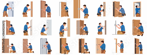 Handyman or Locksmith Installing and Repairing Door Locks, Handles, and Hinges Set of Vector Illustrations.