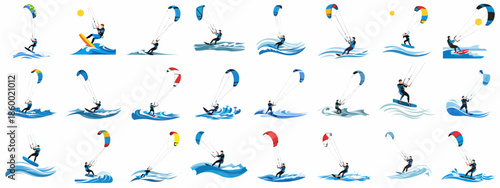 Kitesurfing and Kiteboarding Action Poses Vector Illustration Set. Water Sport Athletes Riding Waves and Catching Wind Collection.