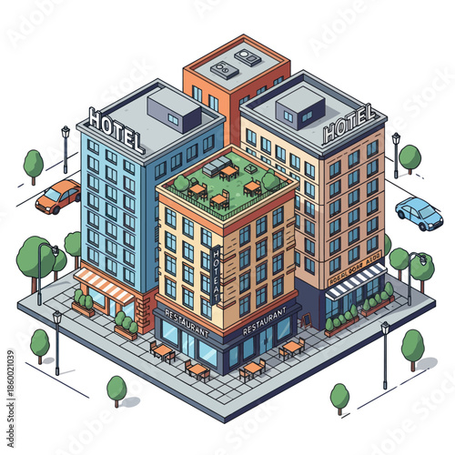Isometric Hotel Building with Rooftop Garden.