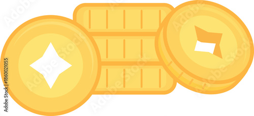 Golden ancient Chinese coins drawn in flat cartoon style. Symbol of wealth and prosperity for festive holiday visuals.