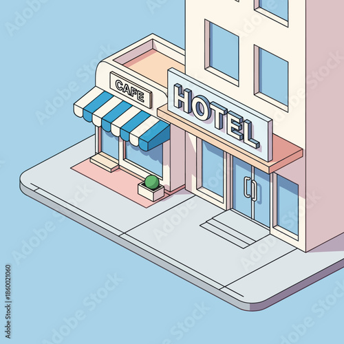 Isometric Hotel Building with Cafe Signage.