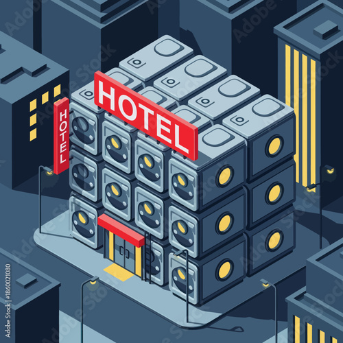 Isometric Hotel Building with Red Signage.