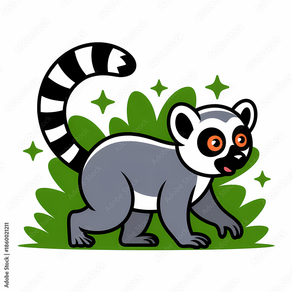 Fototapeta premium Cute Ring-tailed Lemur Cartoon Illustration Background - Adorable Primate Character with Striped Tail and Green Bush, Perfect for Children's Designs and Wildlife Themes, Copy Space Included