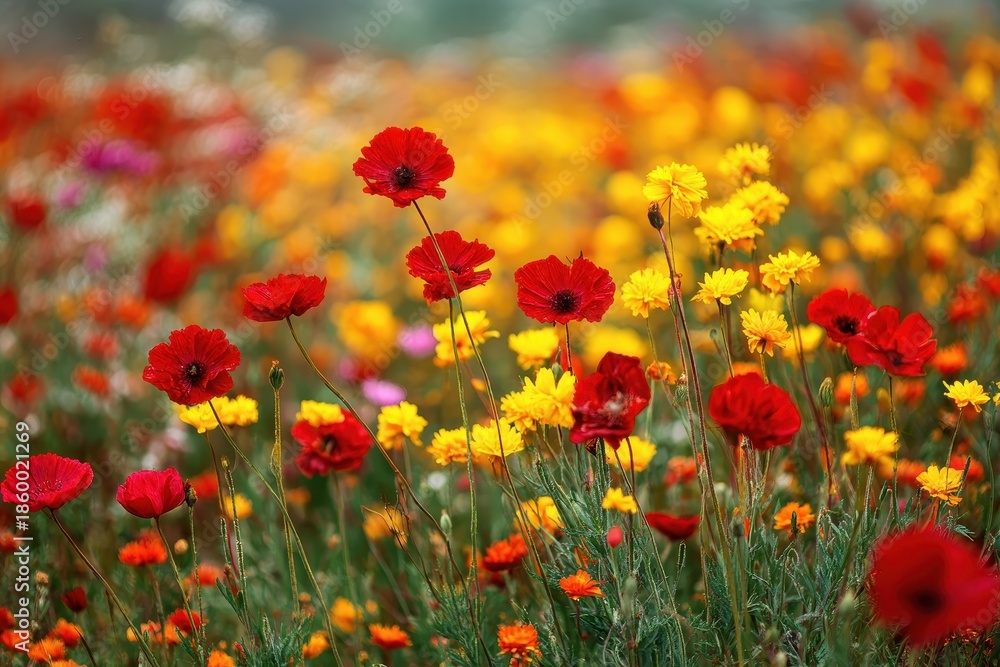 Obraz premium Explore the vibrant beauty of a flower meadow landscape filled with stunning red and yellow blooms under a bright sunny sky