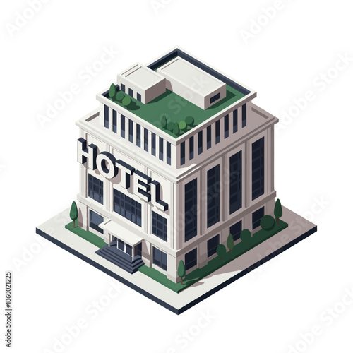 Isometric Hotel Building with Green Roof.