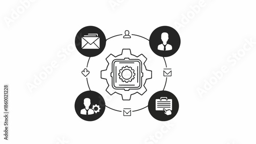 Black and white infographic illustration of a gear surrounded by icons for communication, people, document, and email on a plain white background.