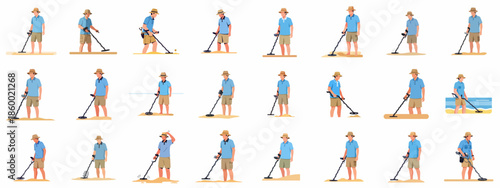 Metal detectorist man character poses set, illustrating hobbyist searching for valuable finds and lost treasures on the beach or sandy ground, flat vector.