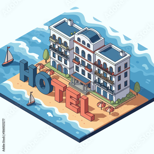 3D Illustration of Luxury Hotel by the Sea.