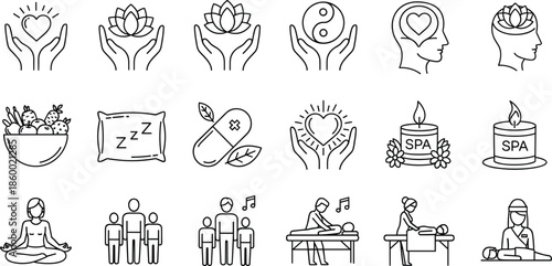 Holistic wellness icon set, health and therapy vector, black and white symbols, CAD streetwear flat vector illustration